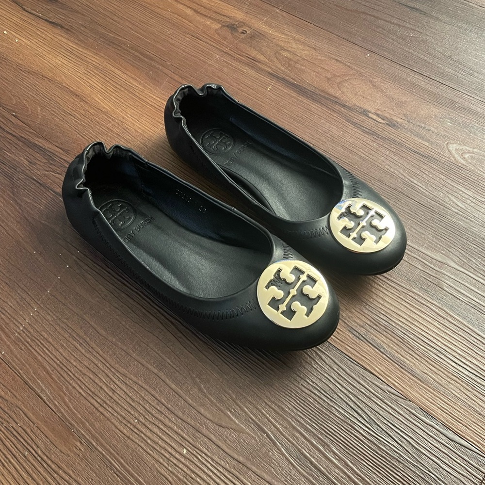 Tory Burch Black Flats with Gold Emblem